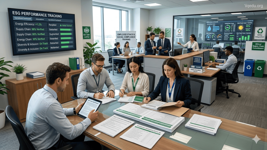 ESG Audits & Quality Disclosure. Corporate office with auditors reviewing ESG data, employees following social compliance protocols, and operational dashboards, with watermark ‘iiqedu.org’ in the top-right corner.
