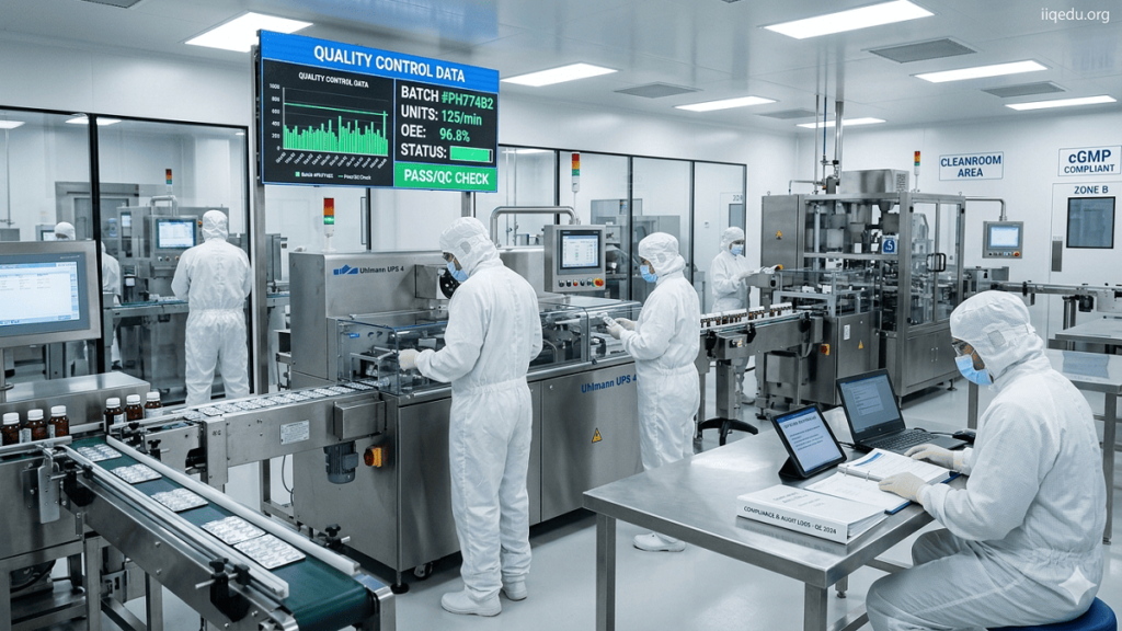 Global Quality Regulations. Pharmaceutical manufacturing facility with workers in cleanroom suits inspecting production lines and monitoring quality control systems.