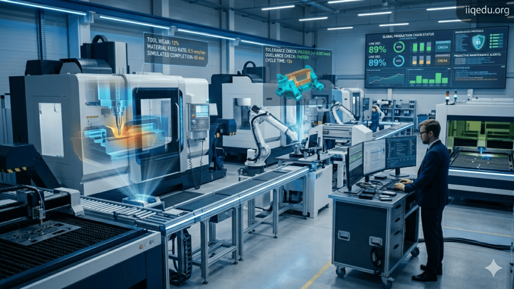 Digital Twins and Quality Modeling. Factory floor with machines and production lines overlaid with digital twin visualizations and real-time performance metrics