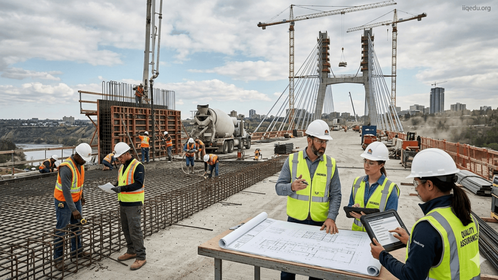 Quality in Construction & Infrastructure. Engineers and workers inspecting construction quality at a large building site with safety gear and equipment