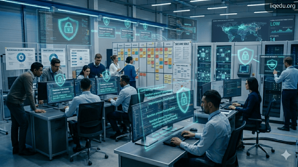 Corporate blockchain workspace with developers interacting with holographic smart contract code, glowing shields and padlocks, watermark 'iiqedu.org' in top right