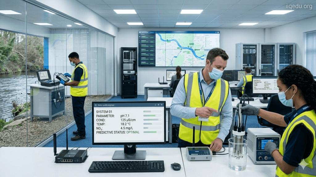 Water Quality Monitoring Innovations. Technicians and engineers using real-time sensors and digital dashboards to monitor water quality in a river and laboratory setting.