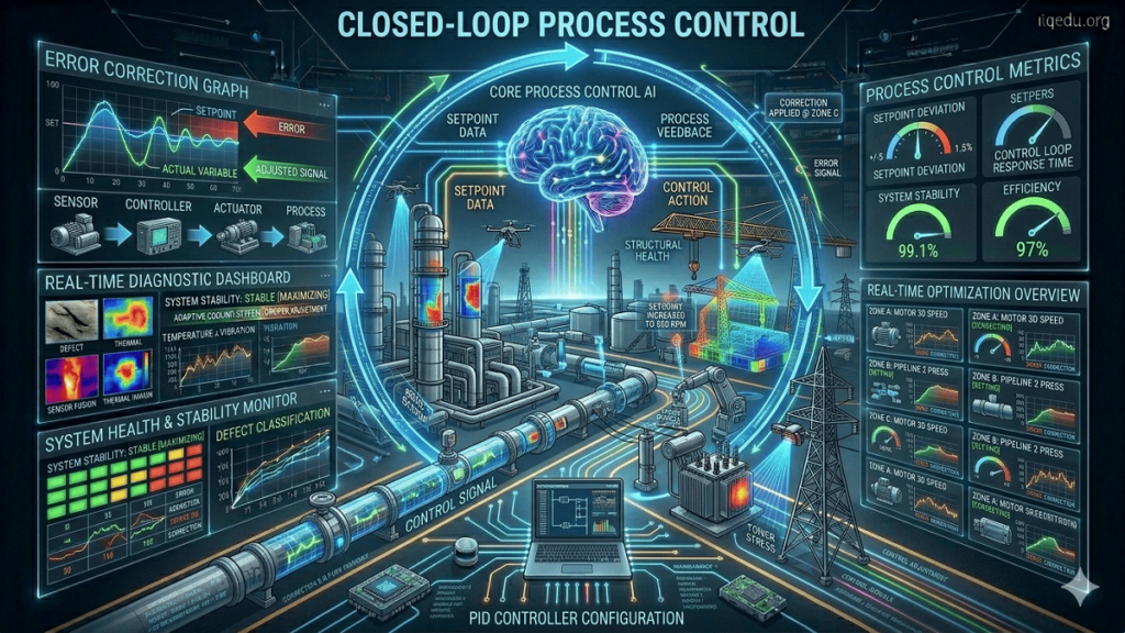 Closed-loop control system monitoring and adjusting industrial processes in real time using feedback loops, sensors, and control units to maintain stability and accuracy.