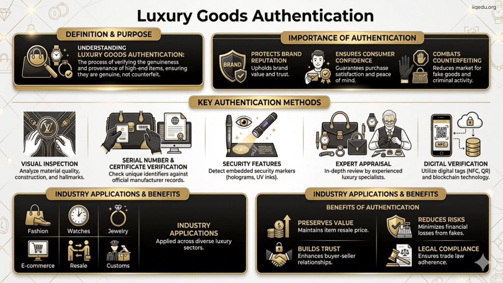 Infographic illustrating Luxury Goods Authentication, showing methods like visual inspection, serial number verification, security features, expert appraisal, and digital verification, with a watermark “iiqedu.org” in the top right corner.