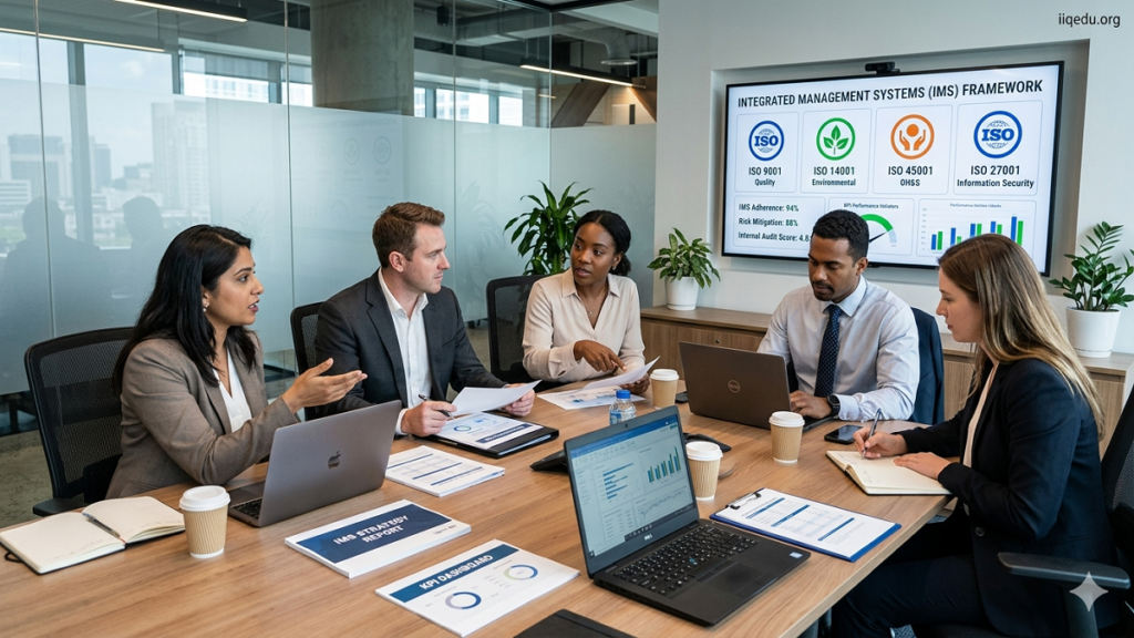 A corporate team in a modern conference room watches a presenter explain Integrated Management Systems (IMS) on a large screen, showing ISO 9001 (Quality), ISO 14001 (Environmental), and ISO 45001 (Health & Safety) standards. Audience members are engaged, taking notes, with laptops and charts on the table. Watermark “iiqedu.org” visible in top-right corner.
