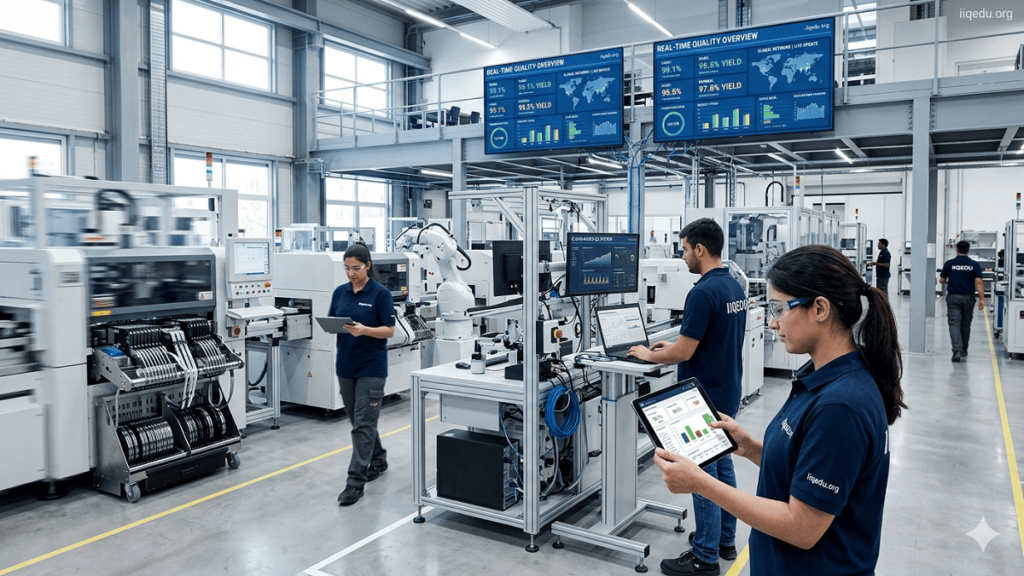A modern manufacturing facility, laboratory, and office environment show teams using cloud-based QA systems. Employees access real-time dashboards on tablets and laptops displaying quality metrics, defect analysis, inspection reports, and compliance data. Large screens visualize cloud connectivity and data sharing across multiple locations. The setting is high-tech, professional, and well-lit. A small watermark “iiqedu.org” is visible in the top-right corner.