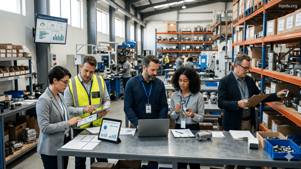 A corporate audit team conducts a supply chain quality audit at a supplier facility. Four to five professionals review documents, inspect products, and use laptops and tablets. Shelves with inventory and production materials are visible in the background. A screen displays audit checklists and performance metrics. The team appears engaged in inspection and analysis. Industrial setting with realistic lighting and a watermark “iiqedu.org” in the top-right corner.