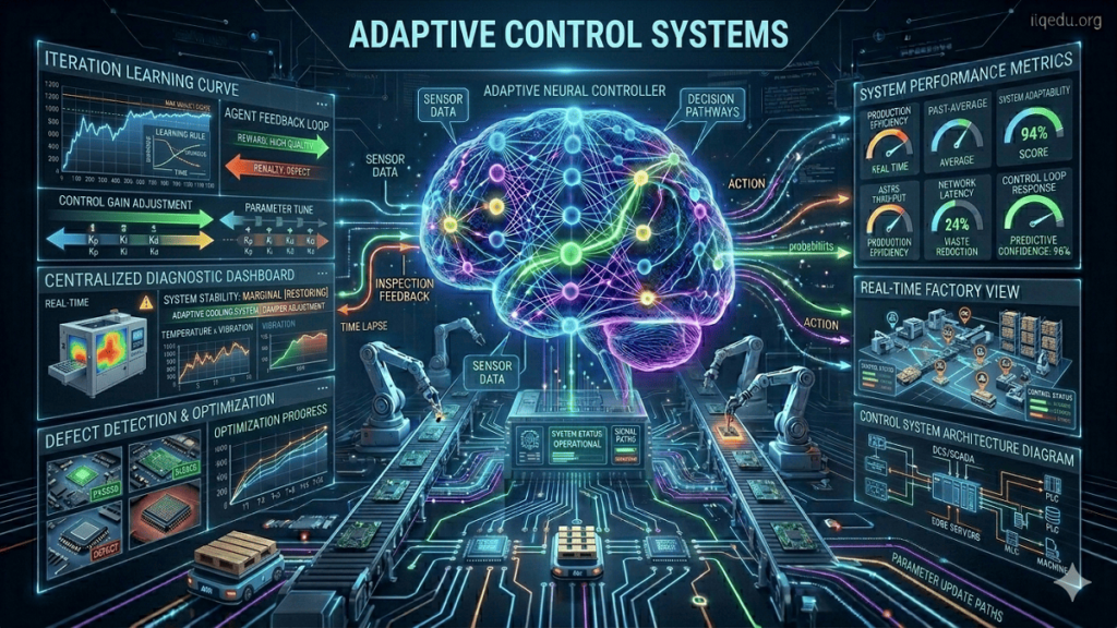 Adaptive control system dynamically adjusting parameters in real time, with feedback loops, sensors, and intelligent algorithms optimizing system performance.