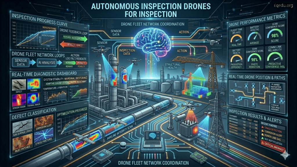 Autonomous drone performing industrial inspection, scanning infrastructure with sensors and cameras, detecting defects and transmitting real-time data.
