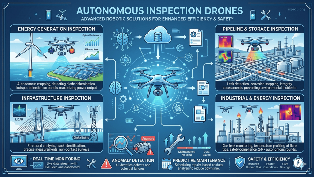 Infographic showing autonomous drones inspecting wind turbines, solar panels, pipelines, bridges, and towers with sensors and AI, with iiqedu.org watermark in the top-right corner. Autonomous Inspection Drones