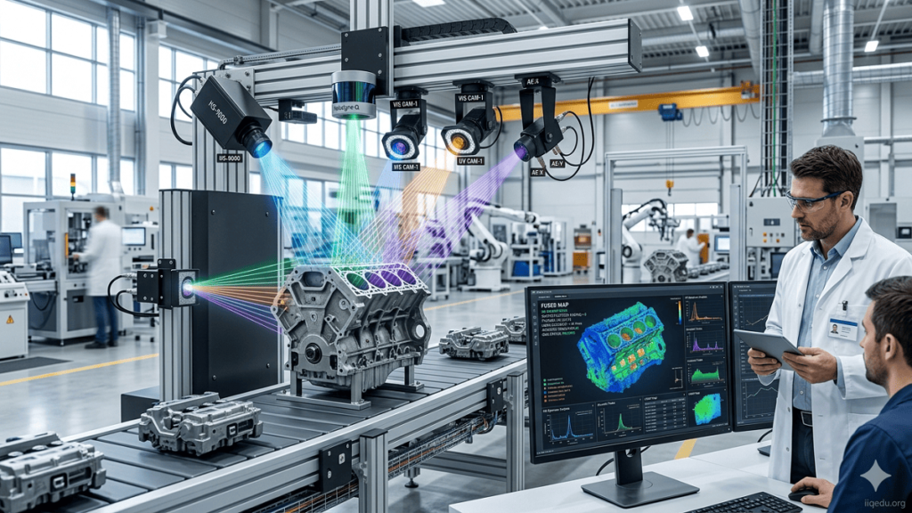 “Multi-sensor fusion system in quality control scanning a product with cameras, LIDAR, and other sensors, integrated data displayed on computer, watermark iiqedu.org.”