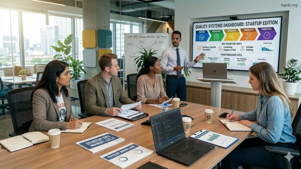 A startup team in a modern office discussing quality management processes. Four to five professionals sit around a table with laptops, charts, and reports, while one presenter stands in front of a screen displaying SOPs, KPIs, process workflows, and quality improvement metrics. The team appears engaged in discussion and analysis. Bright, modern workspace with natural lighting and casual-professional attire. Small watermark “iiqedu.org” in the top-right corner.