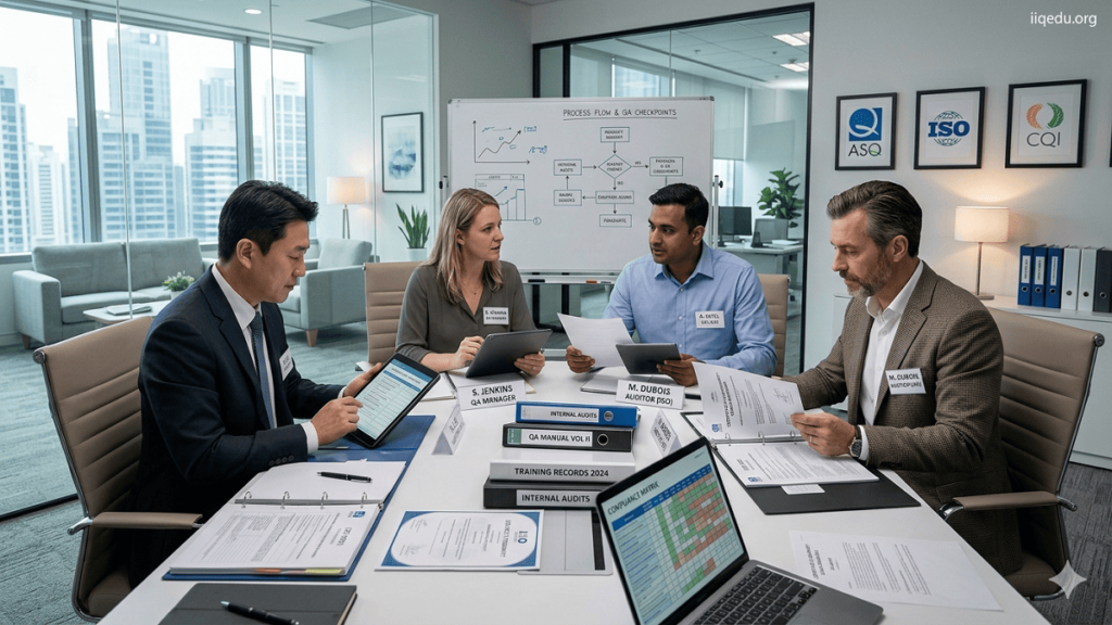 International Accreditation Trends. Corporate office scene with auditors reviewing documents and certifications during an international accreditation audit.