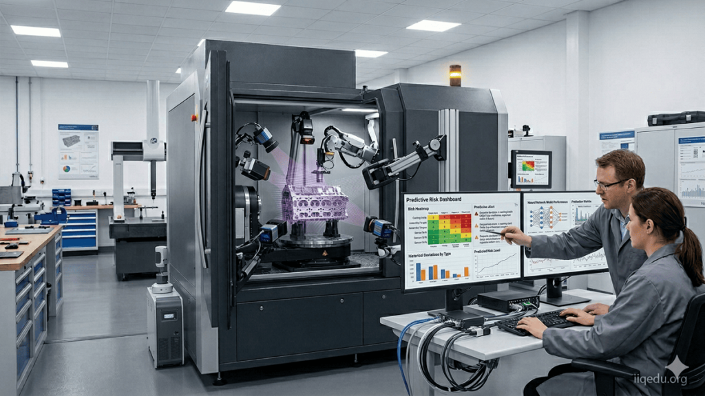 “AI-powered risk-based quality management system analyzing production data and displaying predictive risk dashboards, watermark iiqedu.org.”