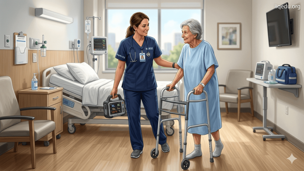 A geriatric nurse assists an elderly patient using a walker in a well-lit hospital room, monitoring vital signs, with medical equipment in the background.