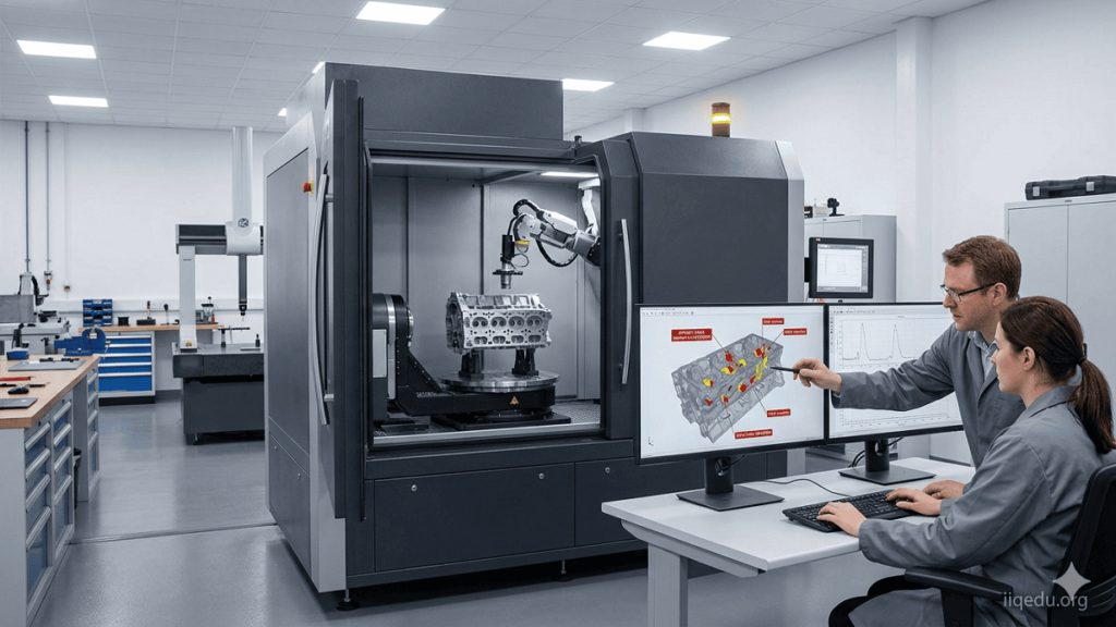 “X-ray CT scanner inspecting a mechanical component, revealing internal defects and voids, with 3D images on a computer screen, watermark iiqedu.org.”