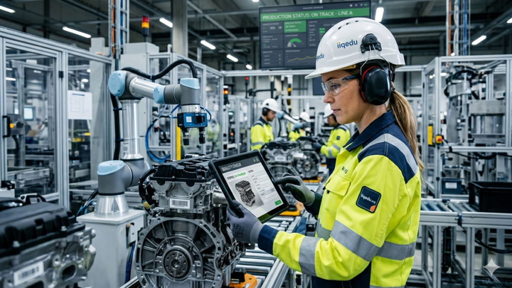 MES/SCADA Integration in QA. Illustration showing SCADA sensors and machines on a production line sending real-time data to a MES system, with dashboards displaying quality metrics and alerts.