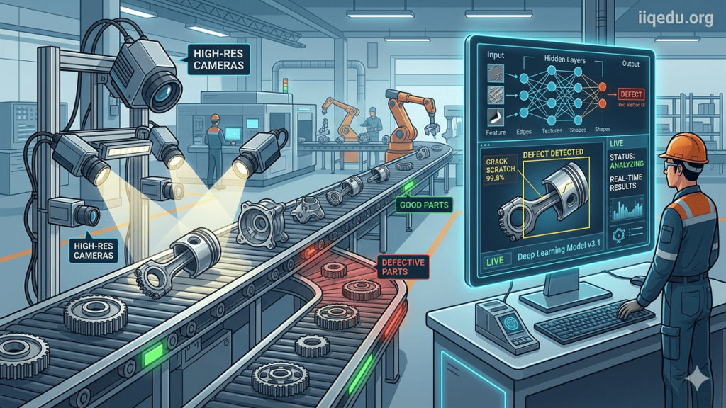 Illustration of a production line where cameras capture images of products while a neural network analyzes defects in real-time, with “iiqedu.org” watermark in the top right corner.Deep Learning in Visual Inspection