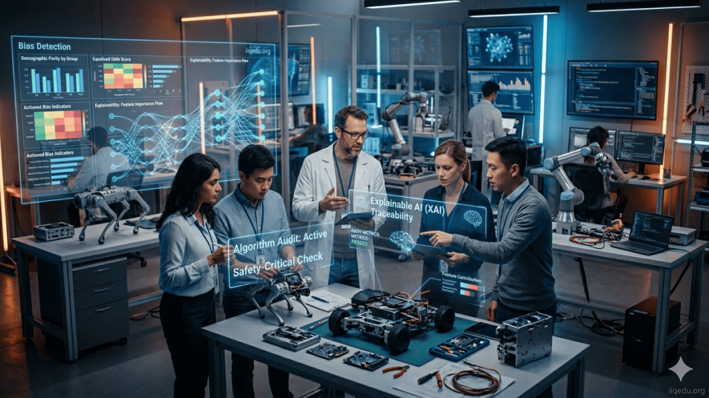 Engineers auditing AI algorithms in a corporate lab with fairness and ethical compliance dashboards.