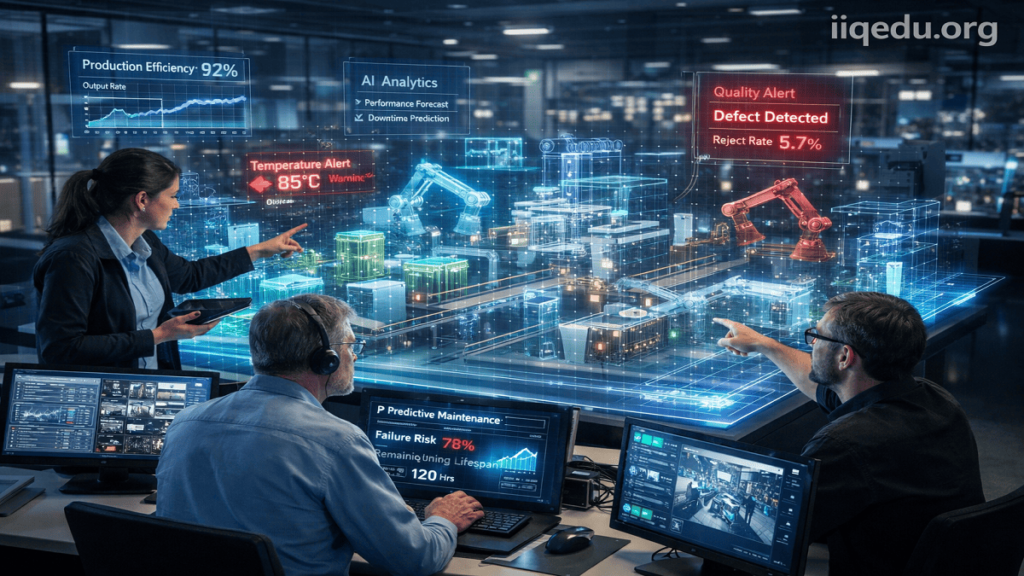 Engineers interacting with a digital twin of a factory using AI-driven quality analytics in a high-tech control room.