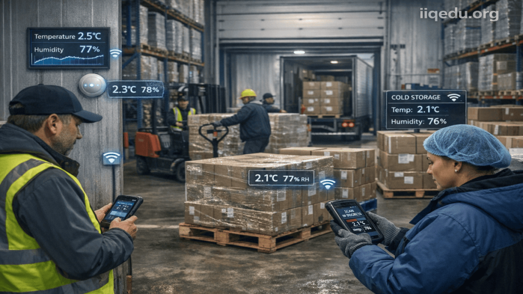 Internet of Things (IoT) & Quality Control. Warehouse workers using IoT devices to monitor product conditions like temperature and humidity in real time.