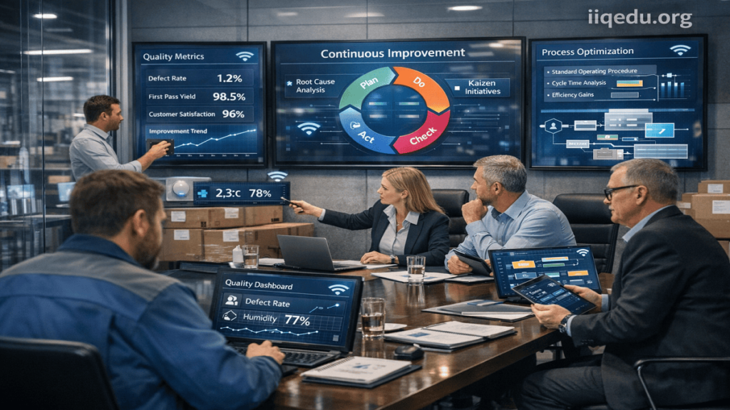 Professional office scene showing managers and engineers reviewing digital dashboards and process flows, representing quality frameworks; “iiqedu.org” watermark in top-right corner.