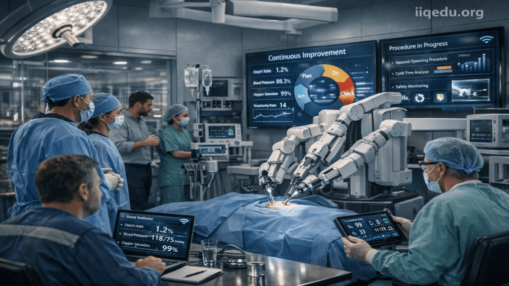 Hospital operating room with a robotic-assisted surgical system, surgeons observing, medical staff assisting, and a watermark 'iiqedu.org' in the top-right corner.
