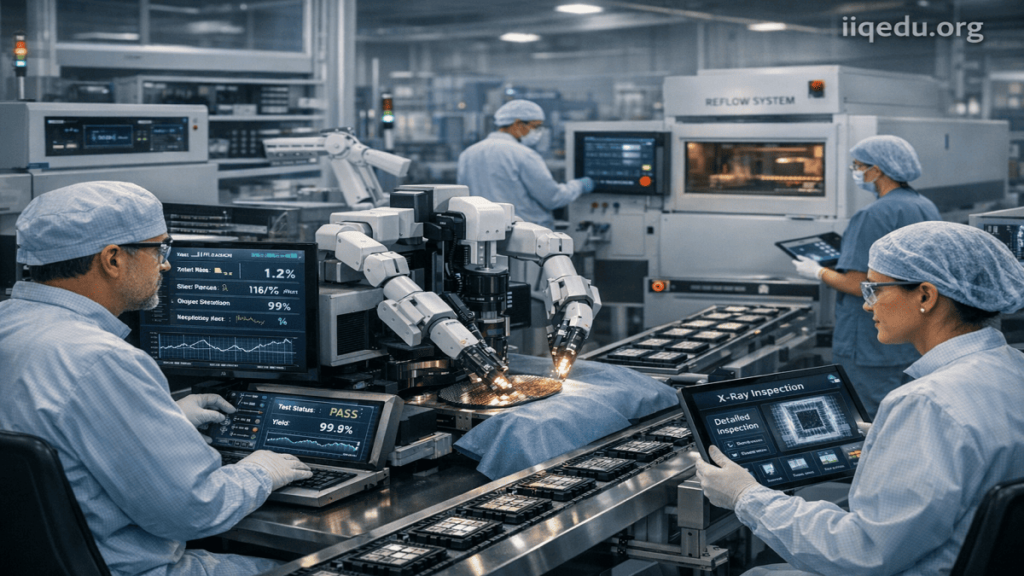 Semiconductor testing and packaging lab with engineers using automated testing equipment and X-ray inspection machines, watermark 'iiqedu.org' in the top-right corner.