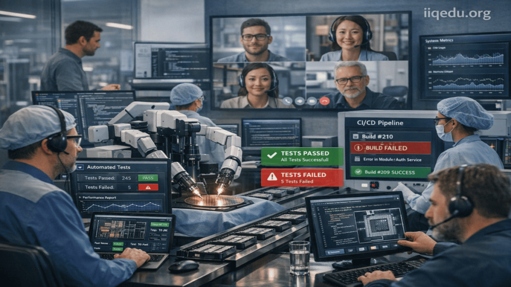 QA engineers performing automated software testing with CI/CD pipelines, collaborative developers, and real-time test results dashboards. Watermark ‘iiqedu.org’ on top right.