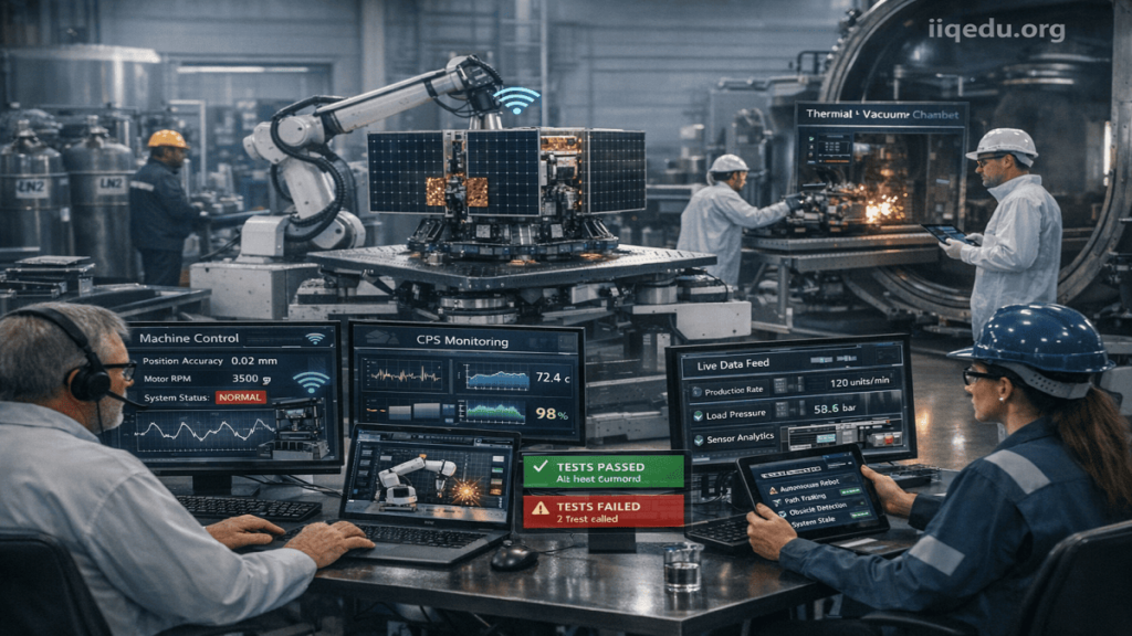 Realistic scene of a cyber-physical system managing autonomous machinery with embedded sensors and actuators, engineers monitoring multiple screens; "iiqedu.org" watermark in the top-right corner.