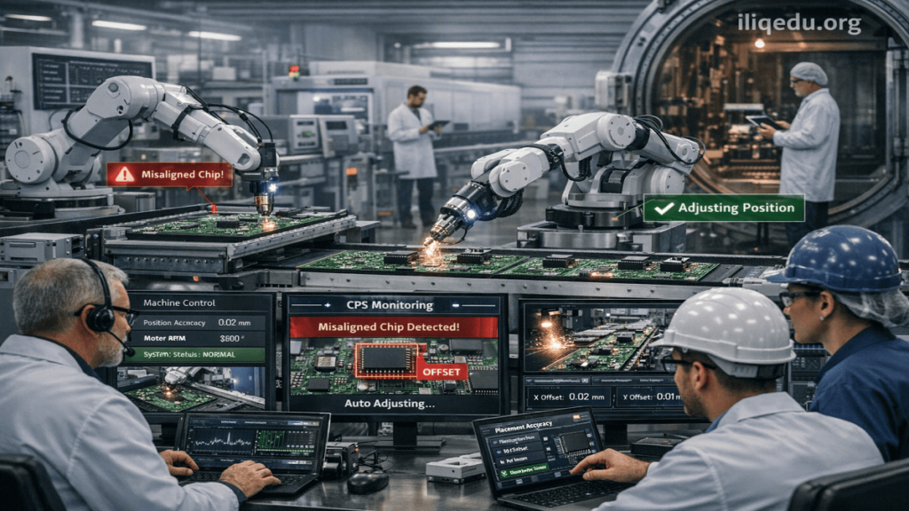Engine assembly line in an automotive factory with robotic arms inspecting components using CPS sensors; engineers monitor live data on screens; "iiqedu.org" watermark in top-right corner.