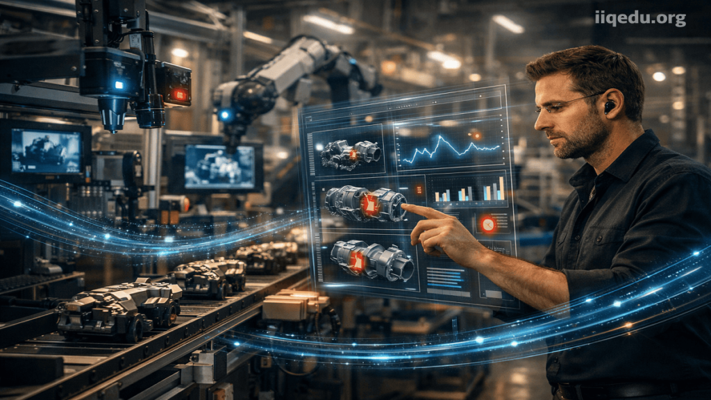 Automated inspection system with sensors and digital interface analyzing product quality in a connected industrial environment