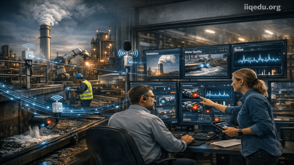 Industrial facility equipped with IoT sensors monitoring emissions, wastewater, and noise, with engineers analyzing environmental data on digital interfaces