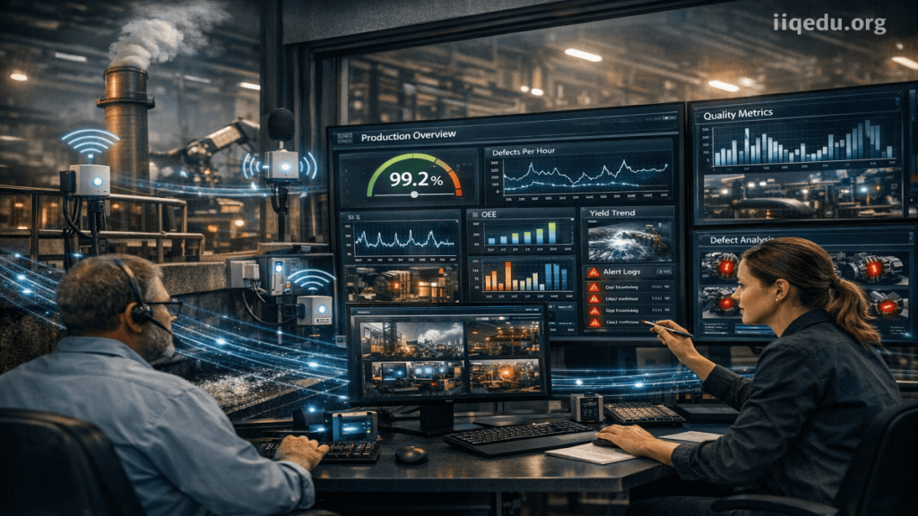 Industrial control room with engineers monitoring real-time quality data from OPC-UA devices and MQTT-enabled sensors on screens