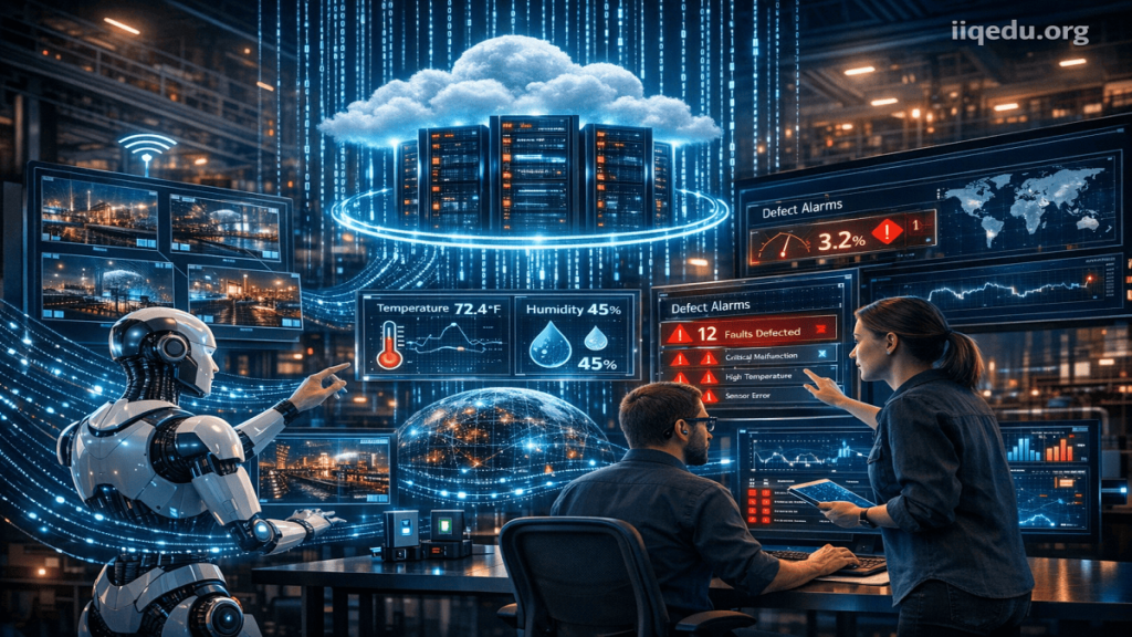 Remote Quality Monitoring Systems. Futuristic cloud-based remote quality monitoring system with holographic dashboards displaying live metrics from multiple factories