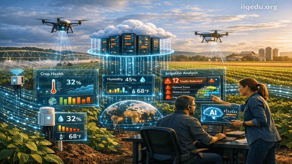 A smart farm with soil sensors and drones using Edge AI, monitoring crop health and irrigation in real-time, with watermark iiqedu.org