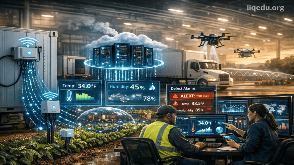 Warehouse with cold storage units and delivery trucks monitored by wireless sensor nodes, showing QA data for temperature and humidity