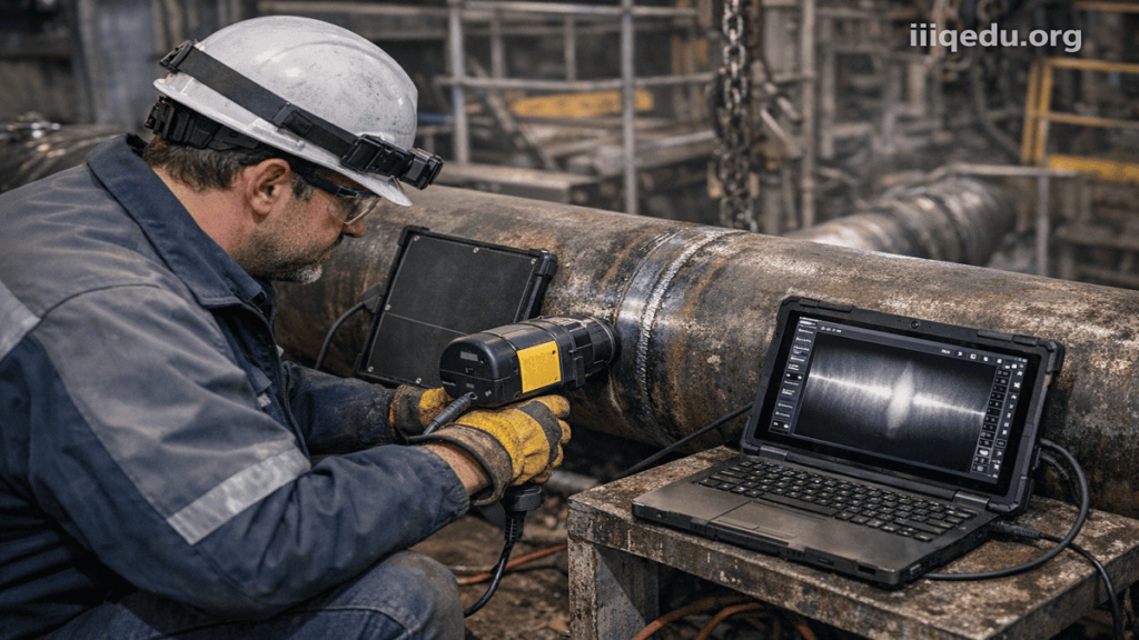 Engineer inspecting a metal pipeline weld using portable digital radiography equipment in an industrial environment