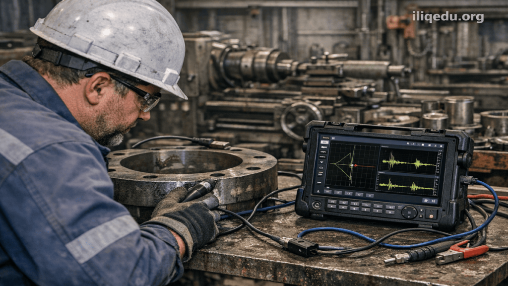 Engineer conducting eddy current testing on a metal component in an industrial workshop using a portable device