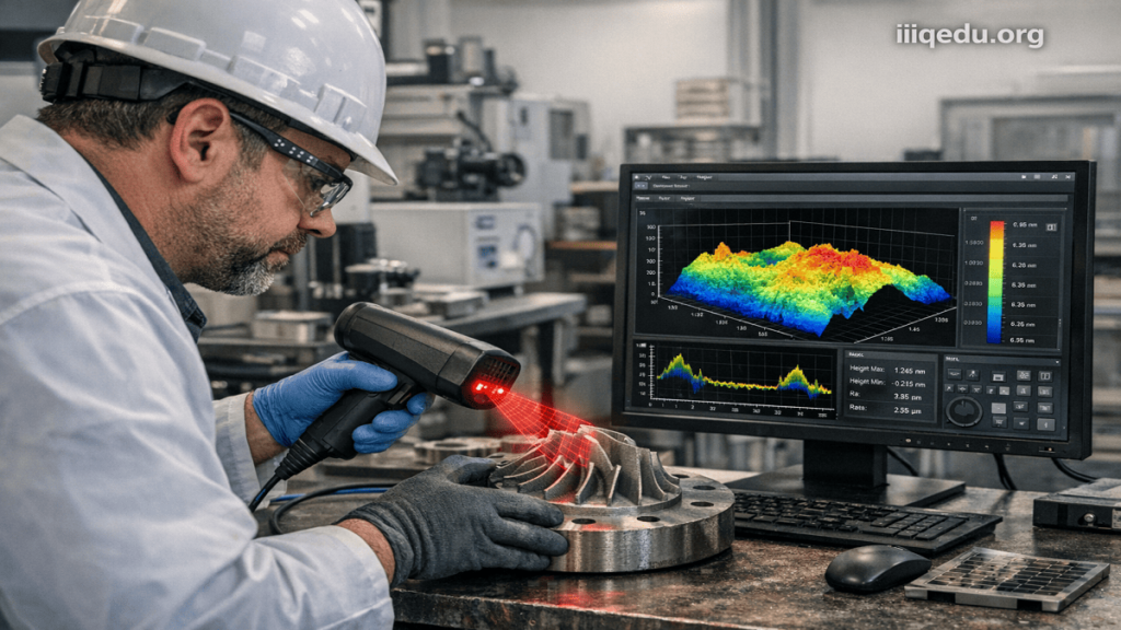 Laser Surface Profilometry. Technician performing laser surface profilometry on a turbine blade in a high-tech aerospace lab with 3D surface mapping on a monitor