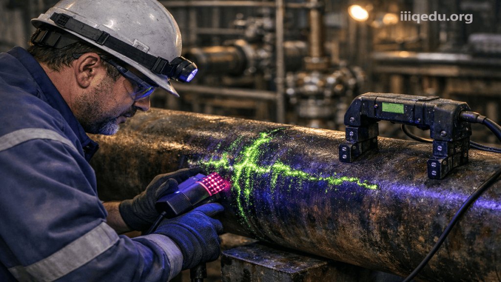 Professional visual of Magnetic Particle Inspection on an industrial pipe weld, with fluorescent particles indicating cracks and an inspector using a portable yoke.