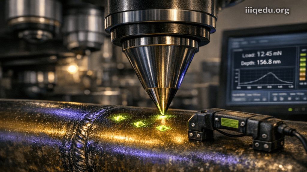 Nanoindentation for Material Strength Testing. Professional visual of nanoindentation on a thin TiN coating over metal, highlighting indentation marks and laboratory measurement instruments.