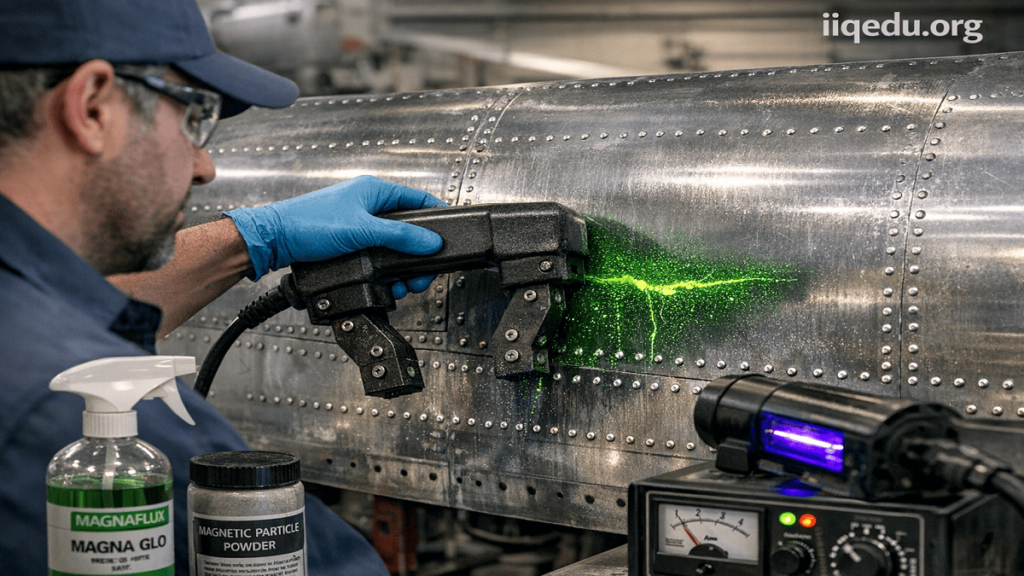 Professional visual of magnetic particle NDT on an aircraft fuselage panel, highlighting surface defect detection.