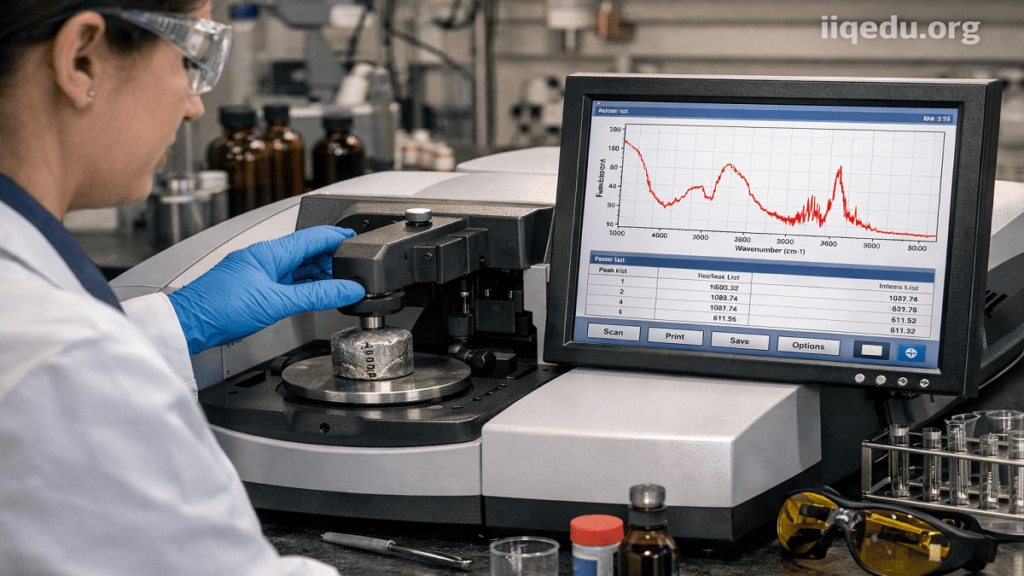 Scientist performing FTIR spectroscopic analysis on an industrial alloy sample with spectral data displayed on the instrument.