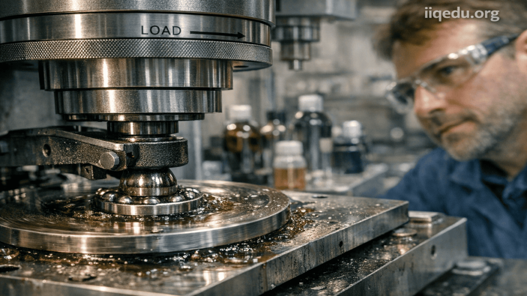 Close-up of a tribometer testing a bearing against a steel plate under high pressure, wear marks and lubrication visible, technician observing, watermark “iiqedu.org” at top-right.Close-up of a tribometer testing a bearing against a steel plate under high pressure, wear marks and lubrication visible, technician observing, watermark “iiqedu.org” at top-right.