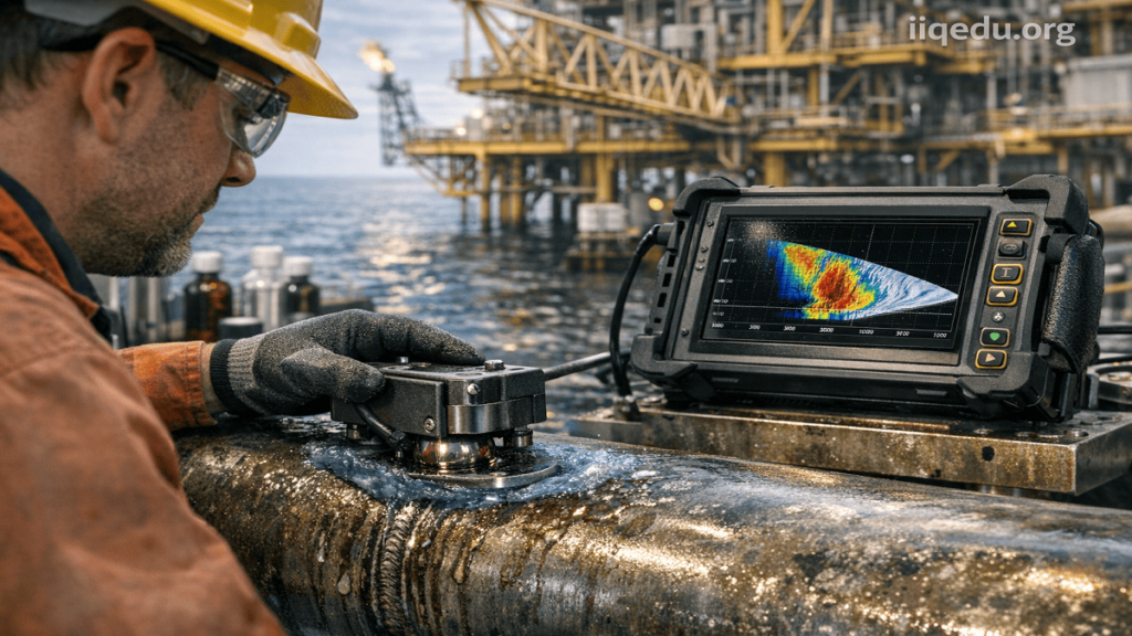 Technician performing ultrasonic phased array inspection on an offshore oil pipeline weld, with digital imaging and couplant visible, watermark “iiqedu.org” at top-right.
