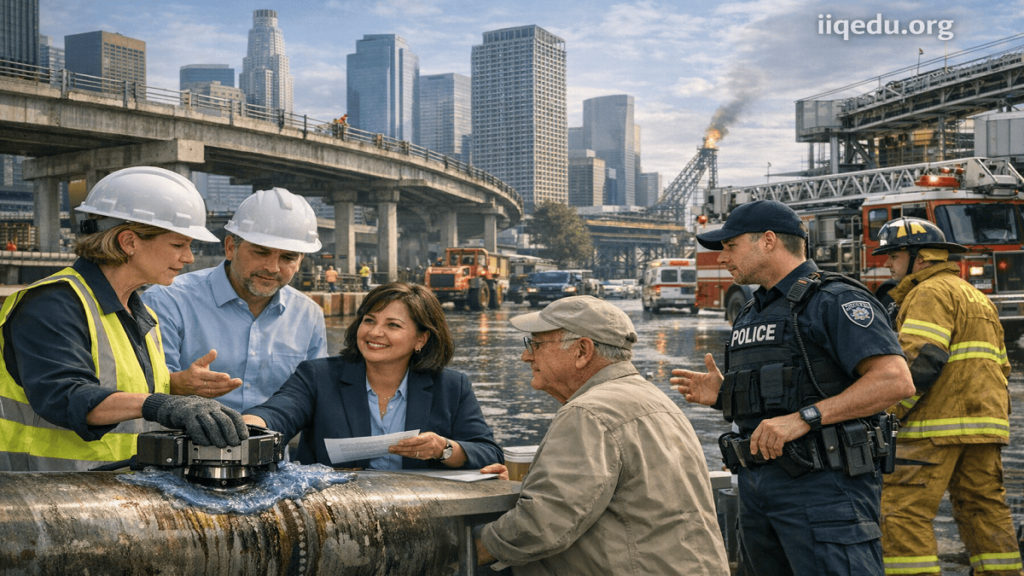 High-quality visual of urban governance showing government employees interacting with citizens, infrastructure projects, and public safety activities, with a visible "iiqedu.org" watermark at the top-right corner.