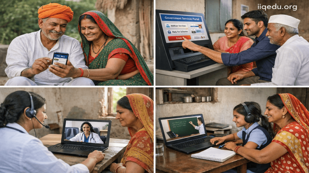 Indian citizens in urban and rural settings using smartphones and computers for digital payments, education, and government services.