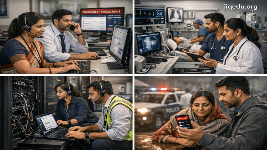 Professionals and citizens interacting with digital systems during a disaster, including hospital staff, IT teams, and banking personnel maintaining operations under emergency conditions.