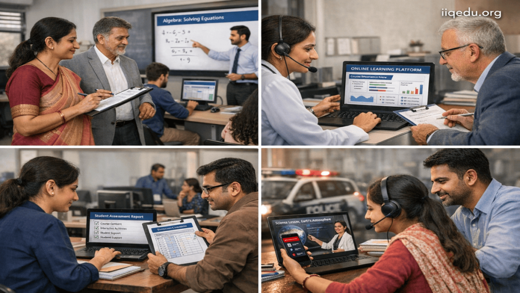 Students and teachers in classroom and online learning settings, engaged in teaching assessments, digital learning checks, and quality evaluations, reflecting modern educational standards.